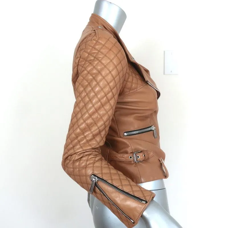 Barbara Bui Quilted Leather Motorcycle Jacket Camel Size 38