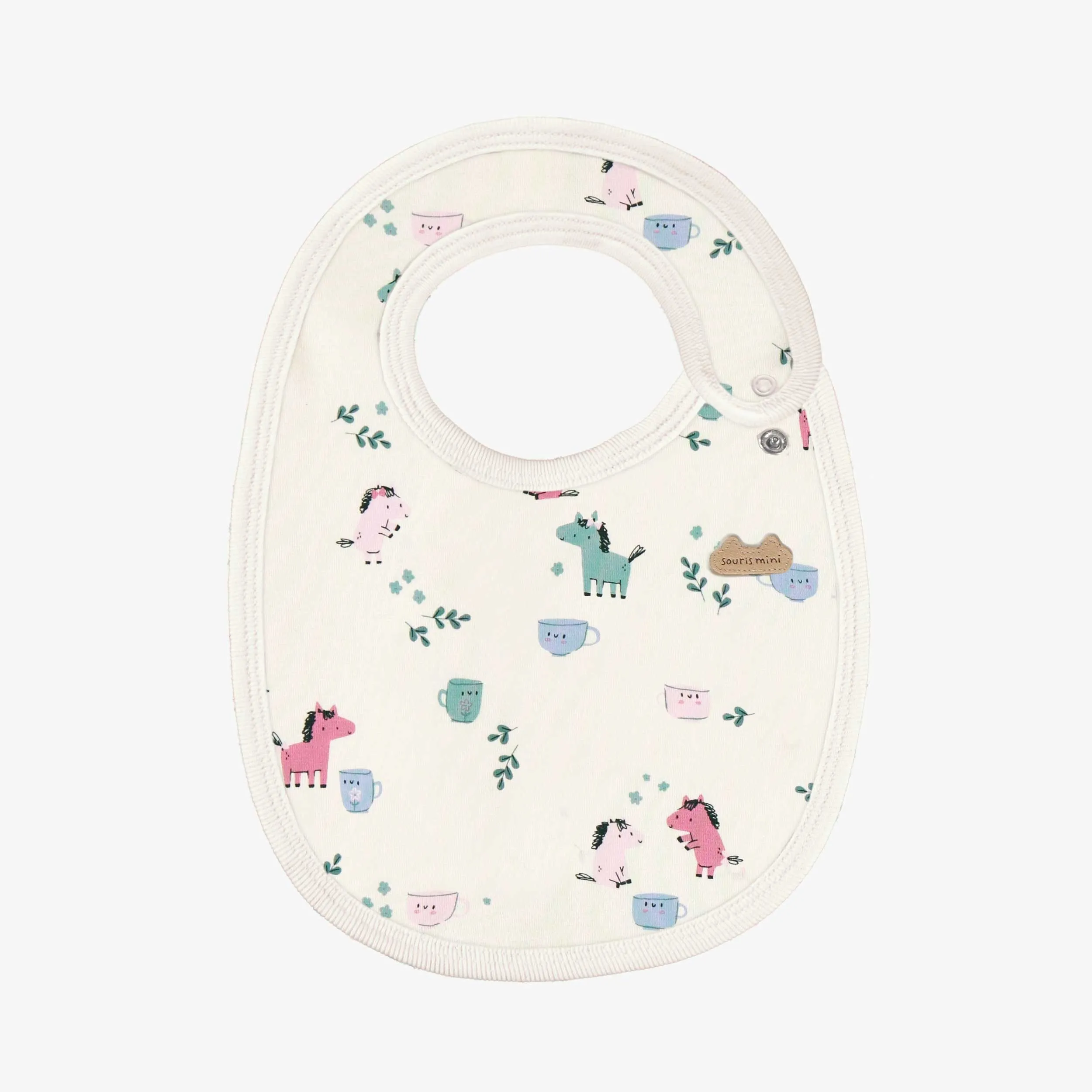 Bavoir crème à motifs de chevaux et tasses, naissance  || Cream bib with horse and cup all over print, newborn