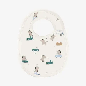 Bavoir crème à motifs de chevaux et voitures, naissance  || Cream bib with horse and car all over print, newborn