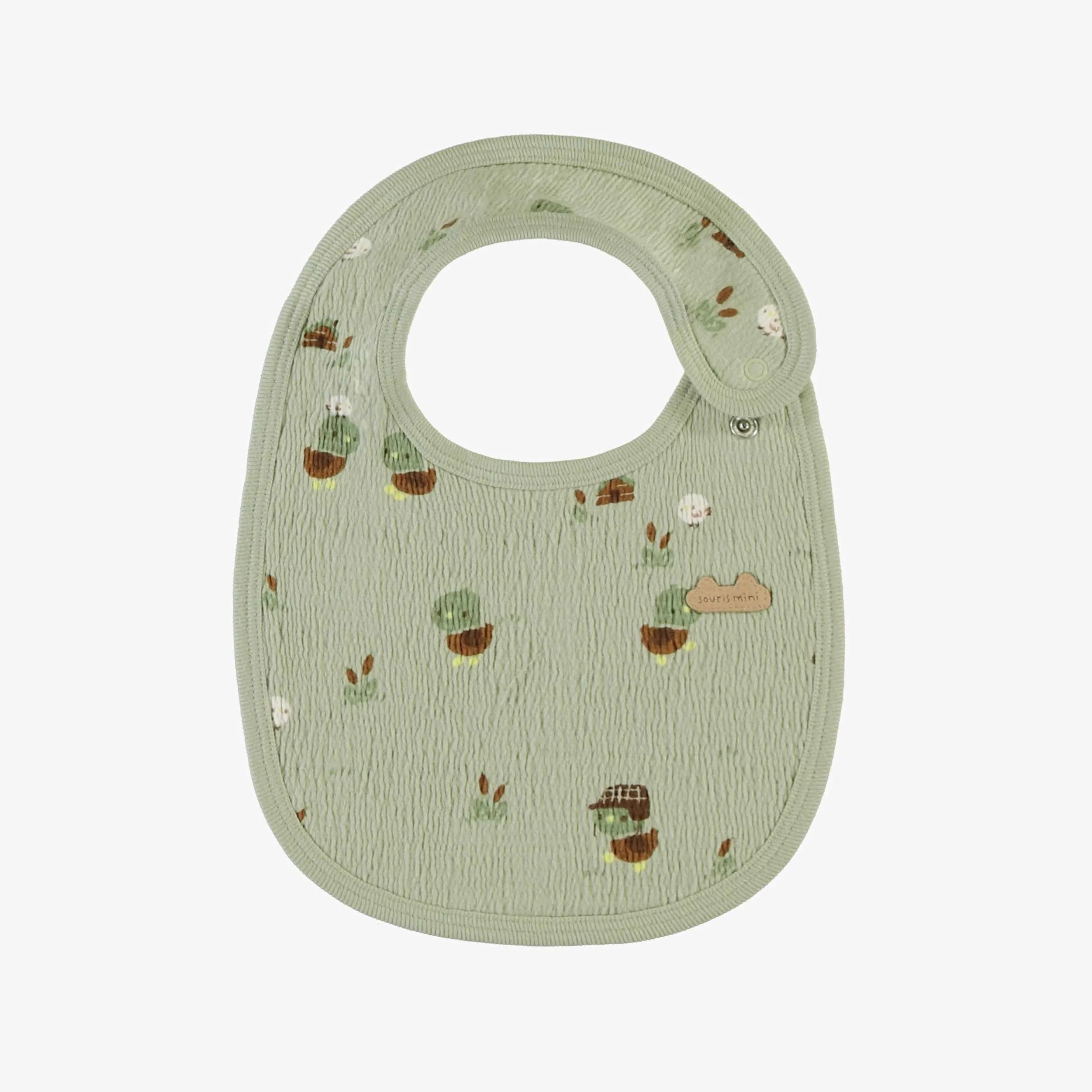 Bavoir vert sauge à motifs de canetons en jersey crêpé, naissance || Sage green bib with ducks print in crinkle jersey, newborn