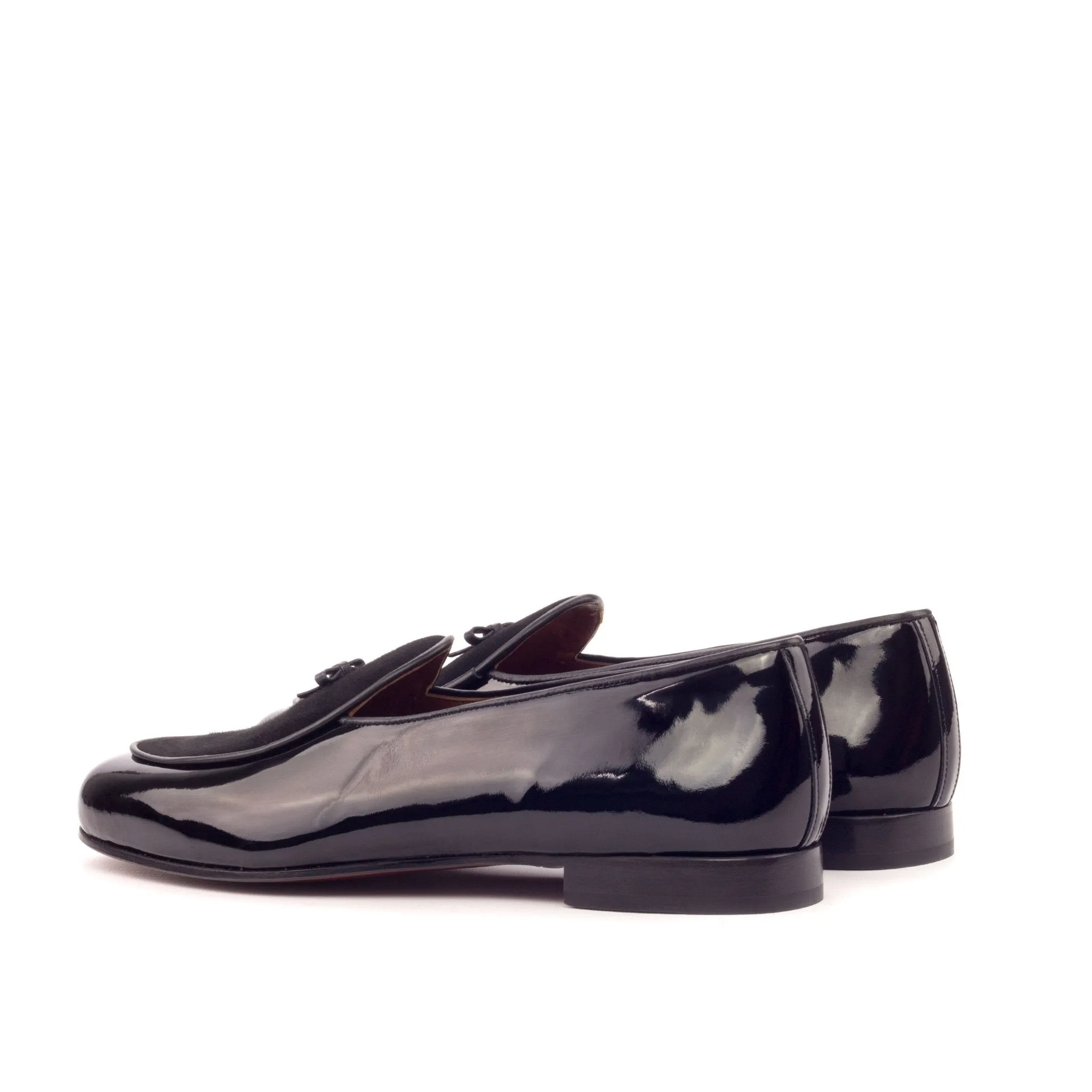 Belgian Bow Slipper in Black Suede and Black Patent