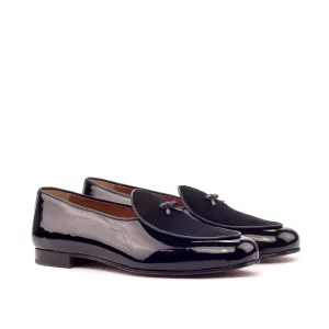 Belgian Bow Slipper in Black Suede and Black Patent