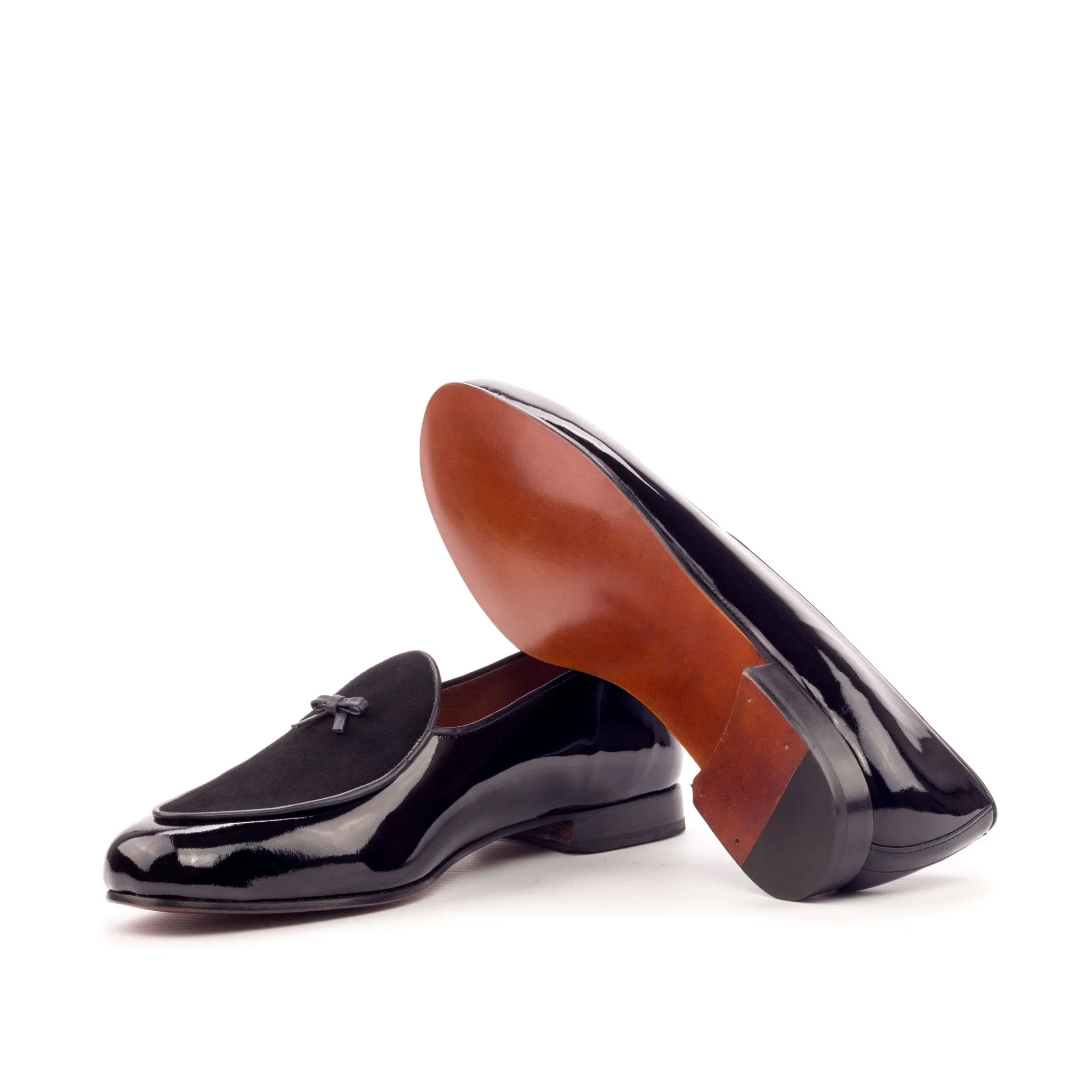 Belgian Bow Slipper in Black Suede and Black Patent