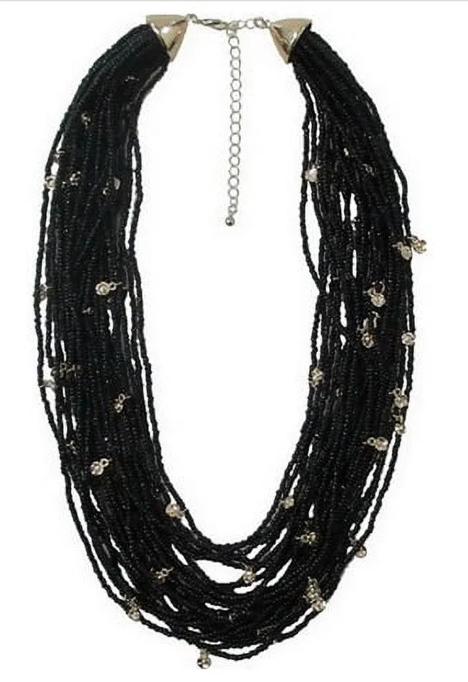 Black Glass Seed beads multi layered necklace #ADX0222718(BOHO)