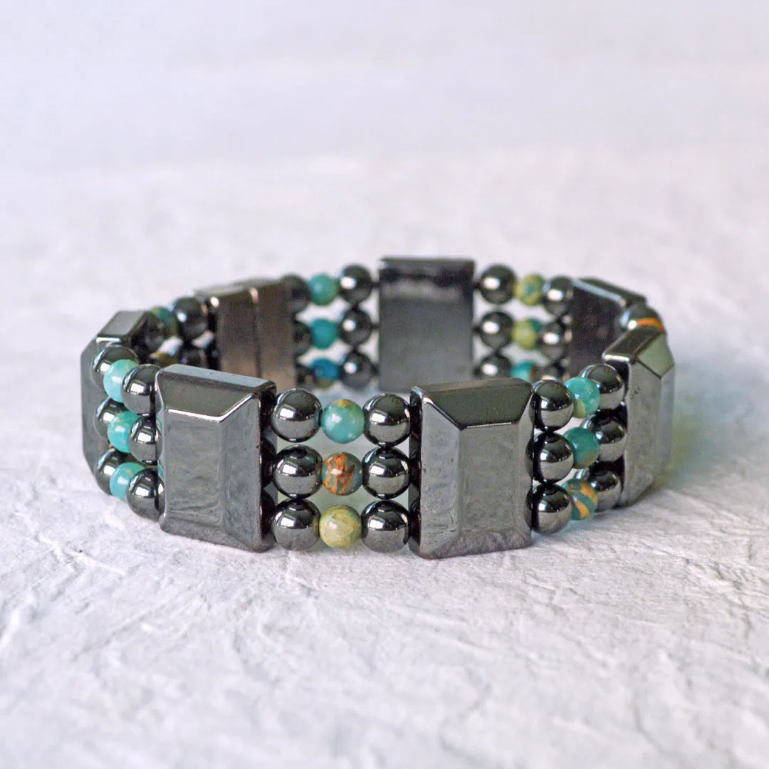 Black Hematite & Impression Jasper Triple Strand Magnetic Bracelet