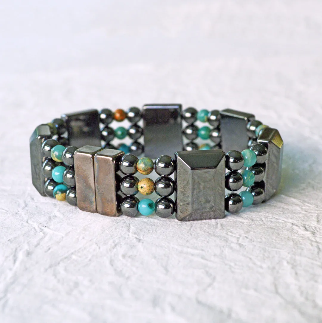 Black Hematite & Impression Jasper Triple Strand Magnetic Bracelet