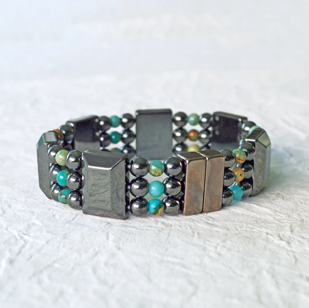 Black Hematite & Impression Jasper Triple Strand Magnetic Bracelet