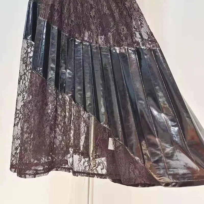 Black Lace Panel Dress For Women V Neck Lantern Sleeve
