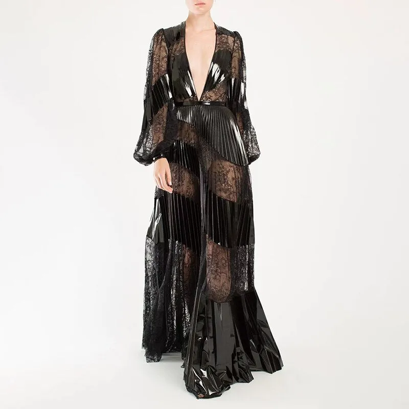 Black Lace Panel Dress For Women V Neck Lantern Sleeve