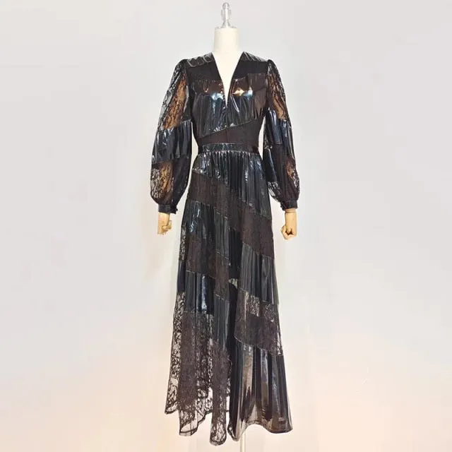 Black Lace Panel Dress For Women V Neck Lantern Sleeve
