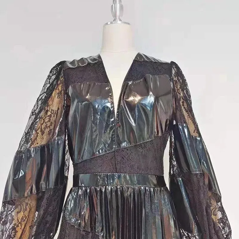 Black Lace Panel Dress For Women V Neck Lantern Sleeve