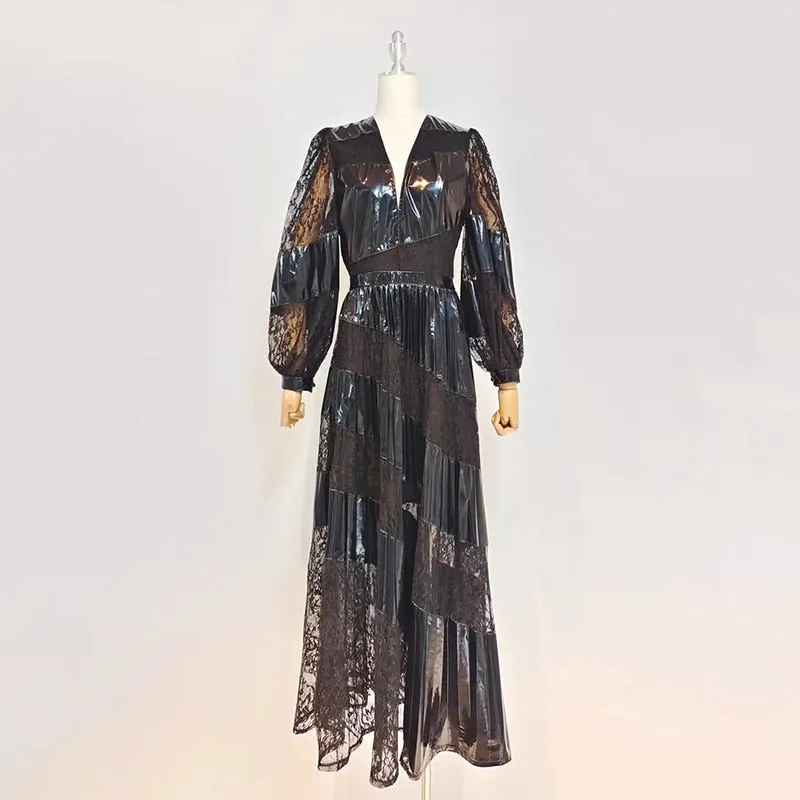 Black Lace Panel Dress For Women V Neck Lantern Sleeve