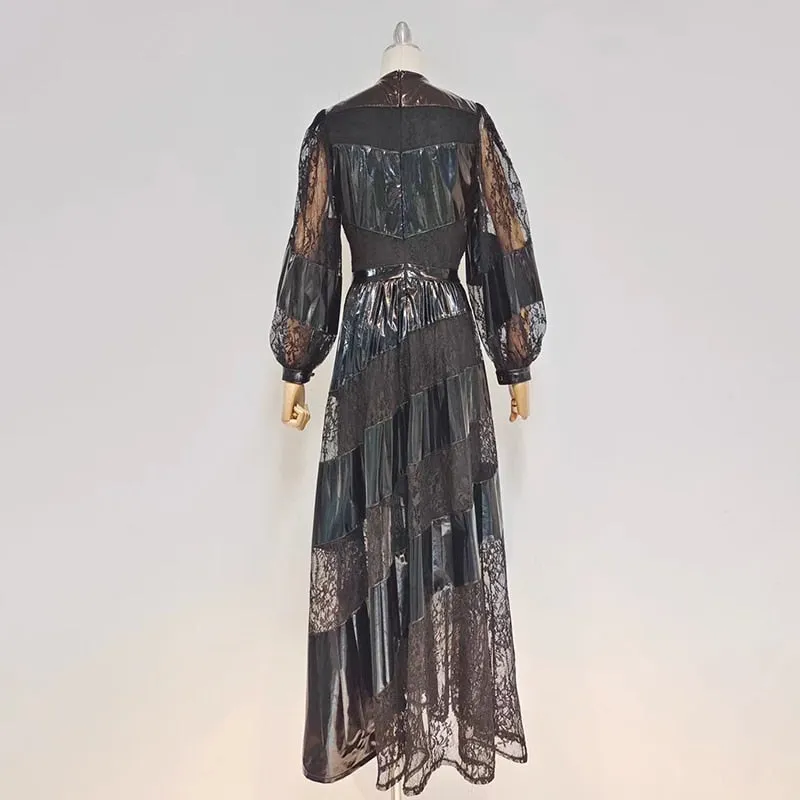 Black Lace Panel Dress For Women V Neck Lantern Sleeve