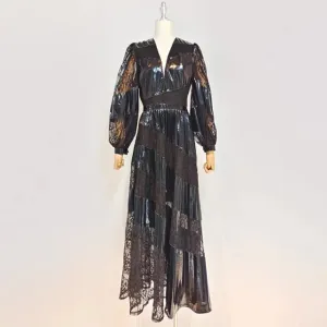 Black Lace Panel Dress For Women V Neck Lantern Sleeve