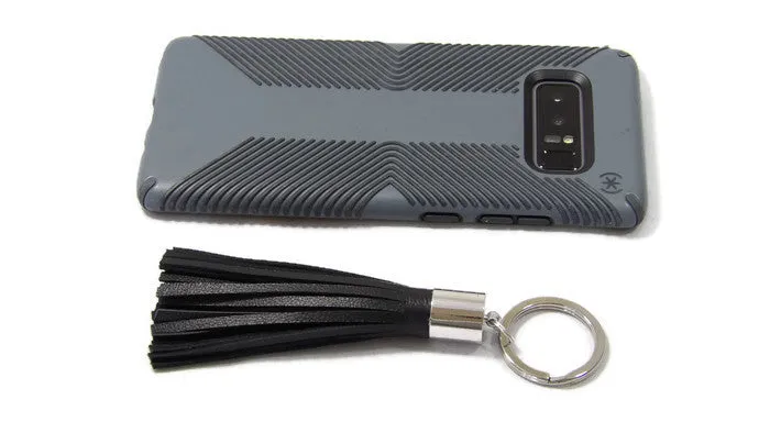 Black Lambskin Leather Tassel Keychain with Rhodium Plated Brass Top Free Gift Wrap