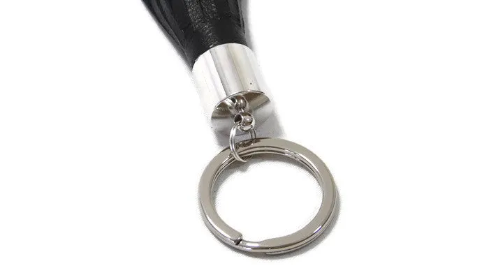 Black Lambskin Leather Tassel Keychain with Rhodium Plated Brass Top Free Gift Wrap