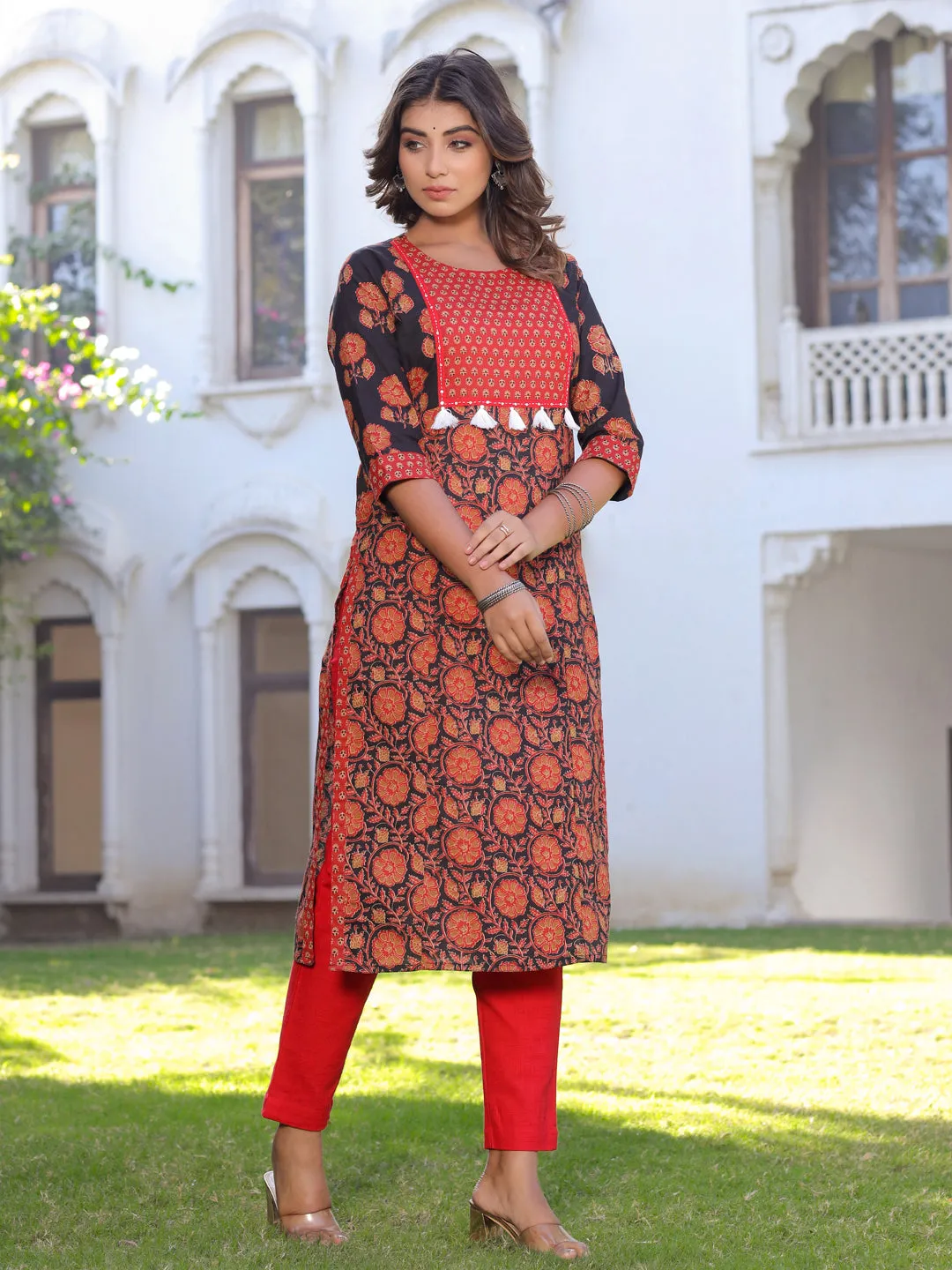 Black Printed Straight Cotton Kurta With Pants