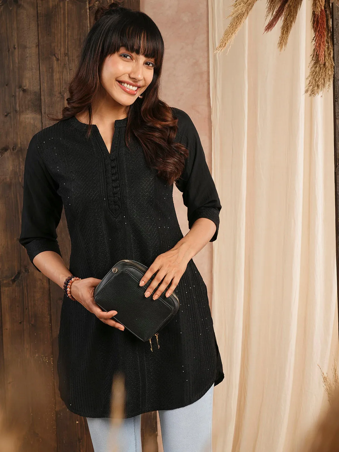 Black Straight Chanderi Silk Ethnic Wear Tunics for Ladies - Zola
