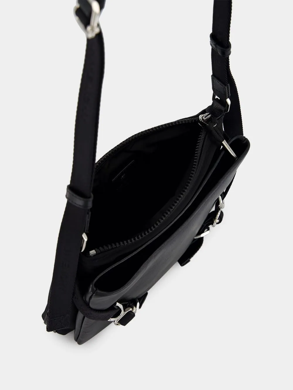 Black Voyou Skinny Crossbody Bag in Grained Leather