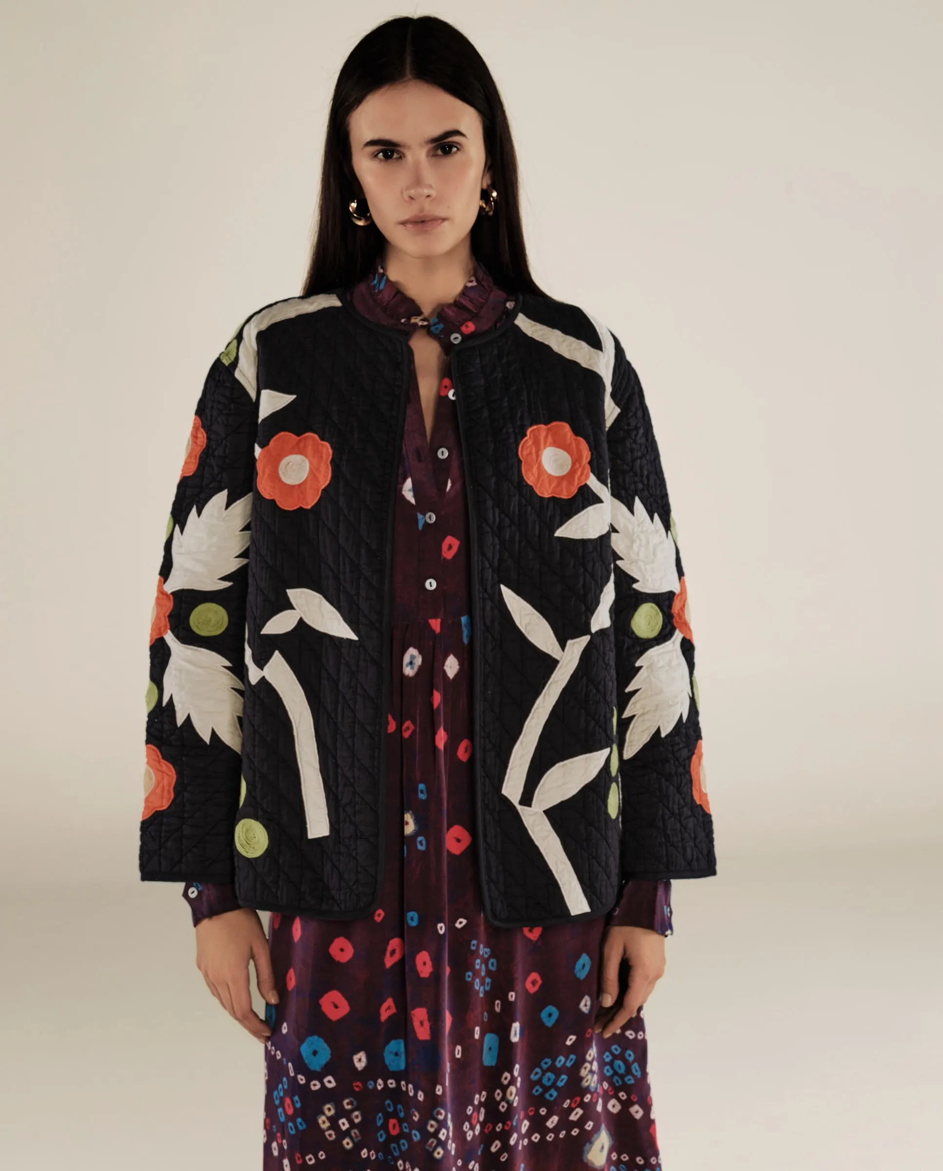 BLOSSOM | Black Floral Applique Cotton Jacket