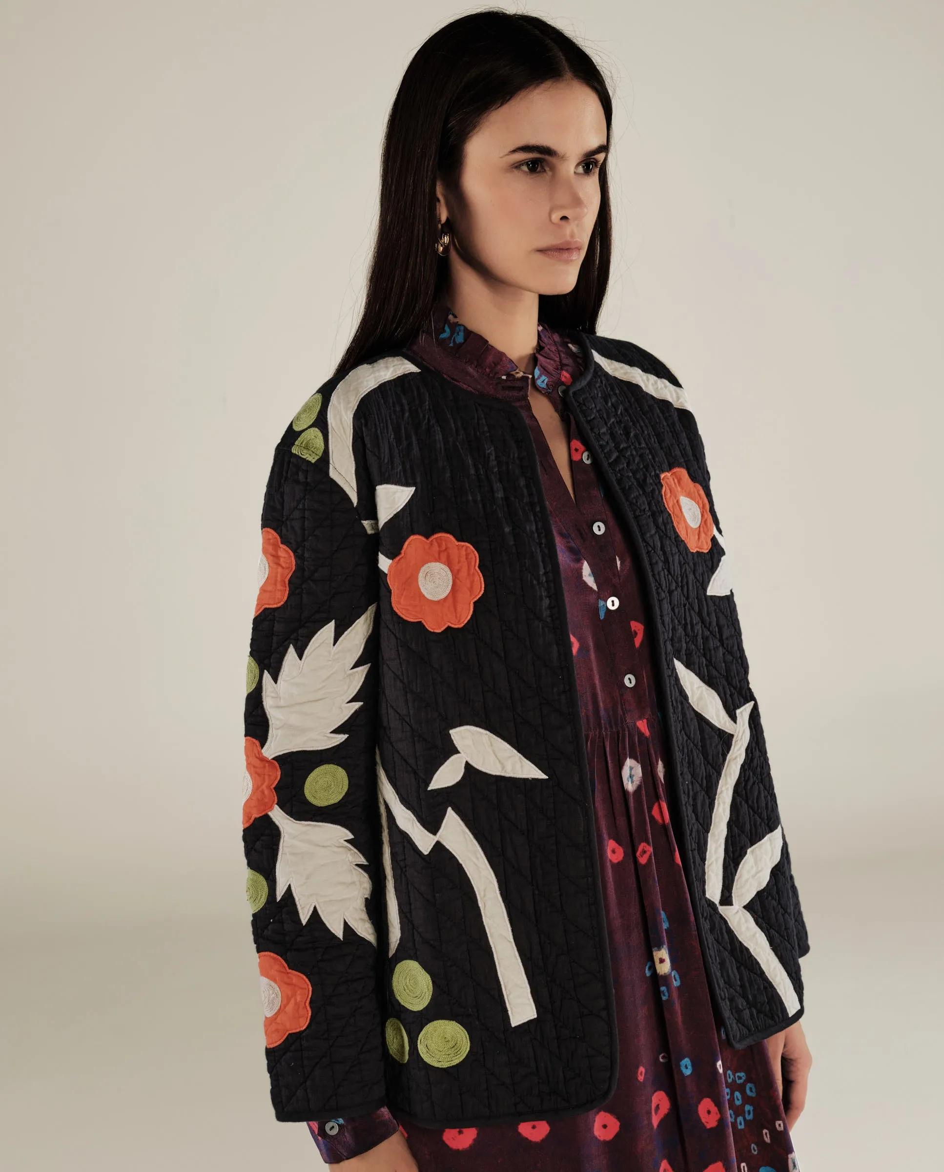 BLOSSOM | Black Floral Applique Cotton Jacket