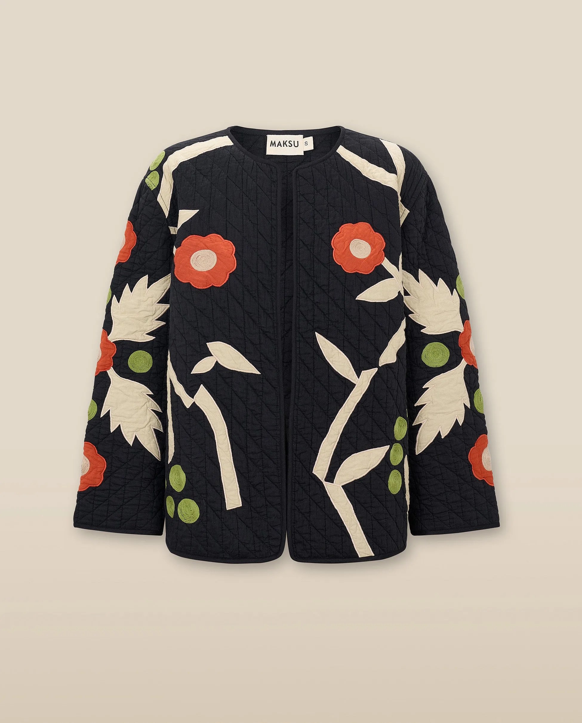BLOSSOM | Black Floral Applique Cotton Jacket