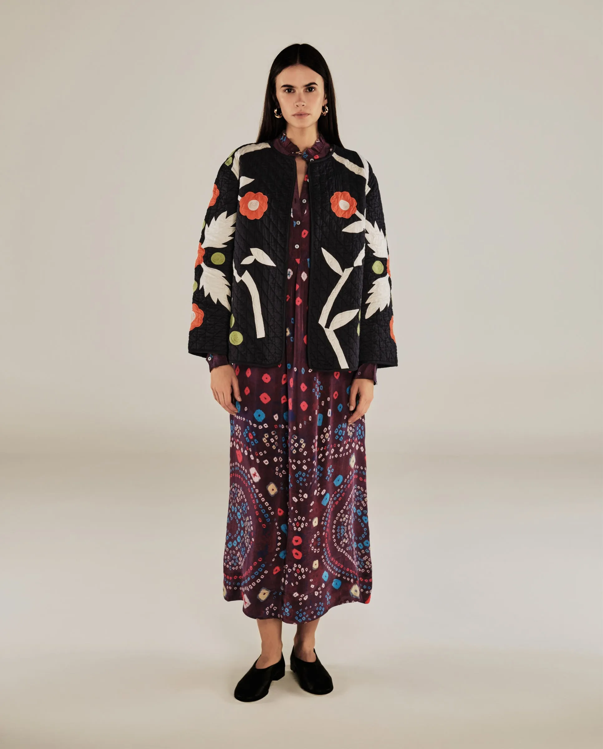 BLOSSOM | Black Floral Applique Cotton Jacket