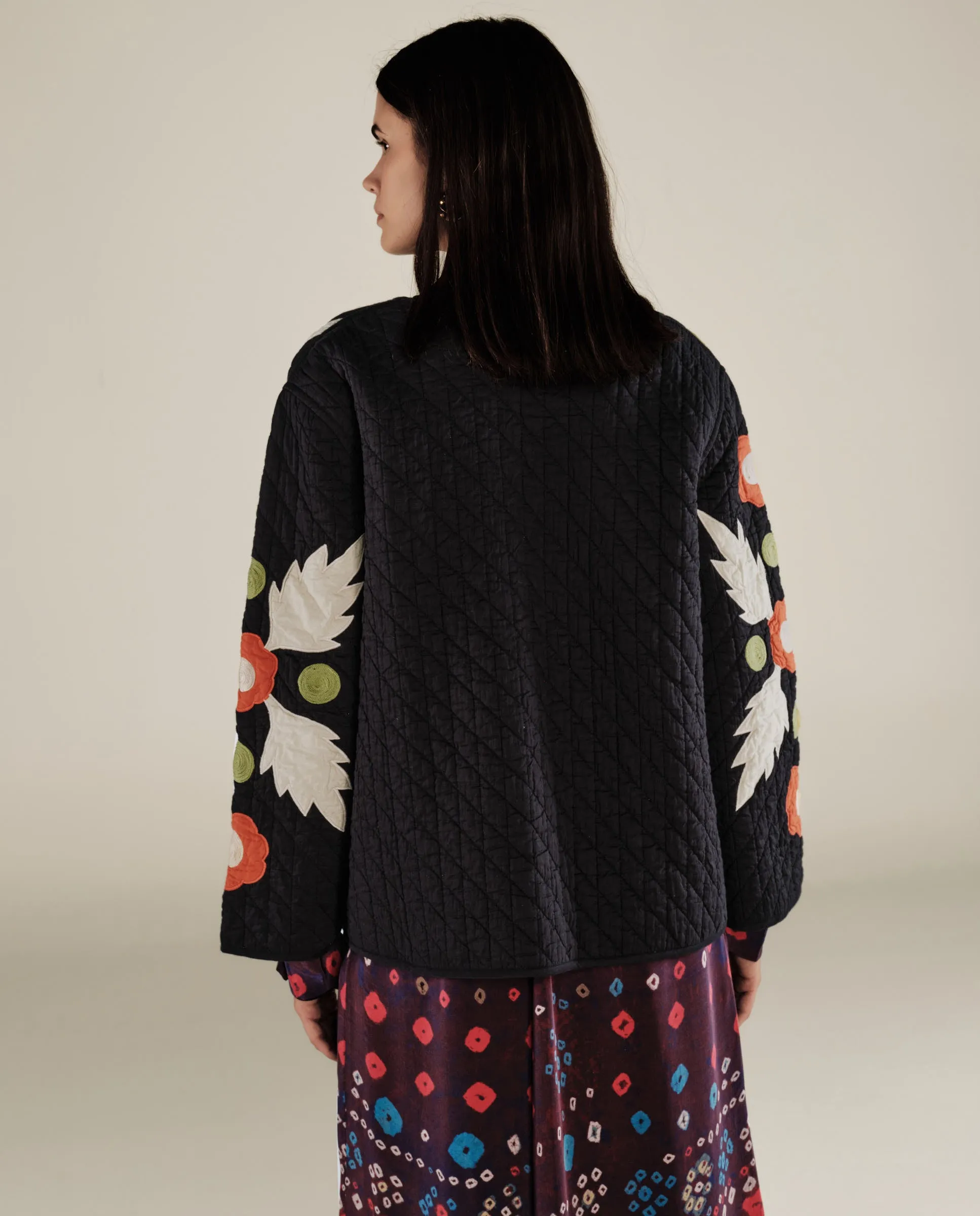 BLOSSOM | Black Floral Applique Cotton Jacket