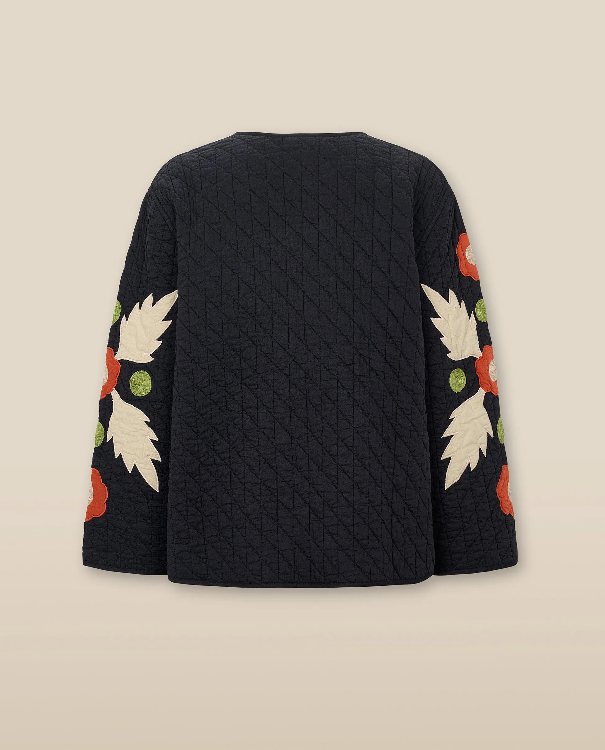 BLOSSOM | Black Floral Applique Cotton Jacket
