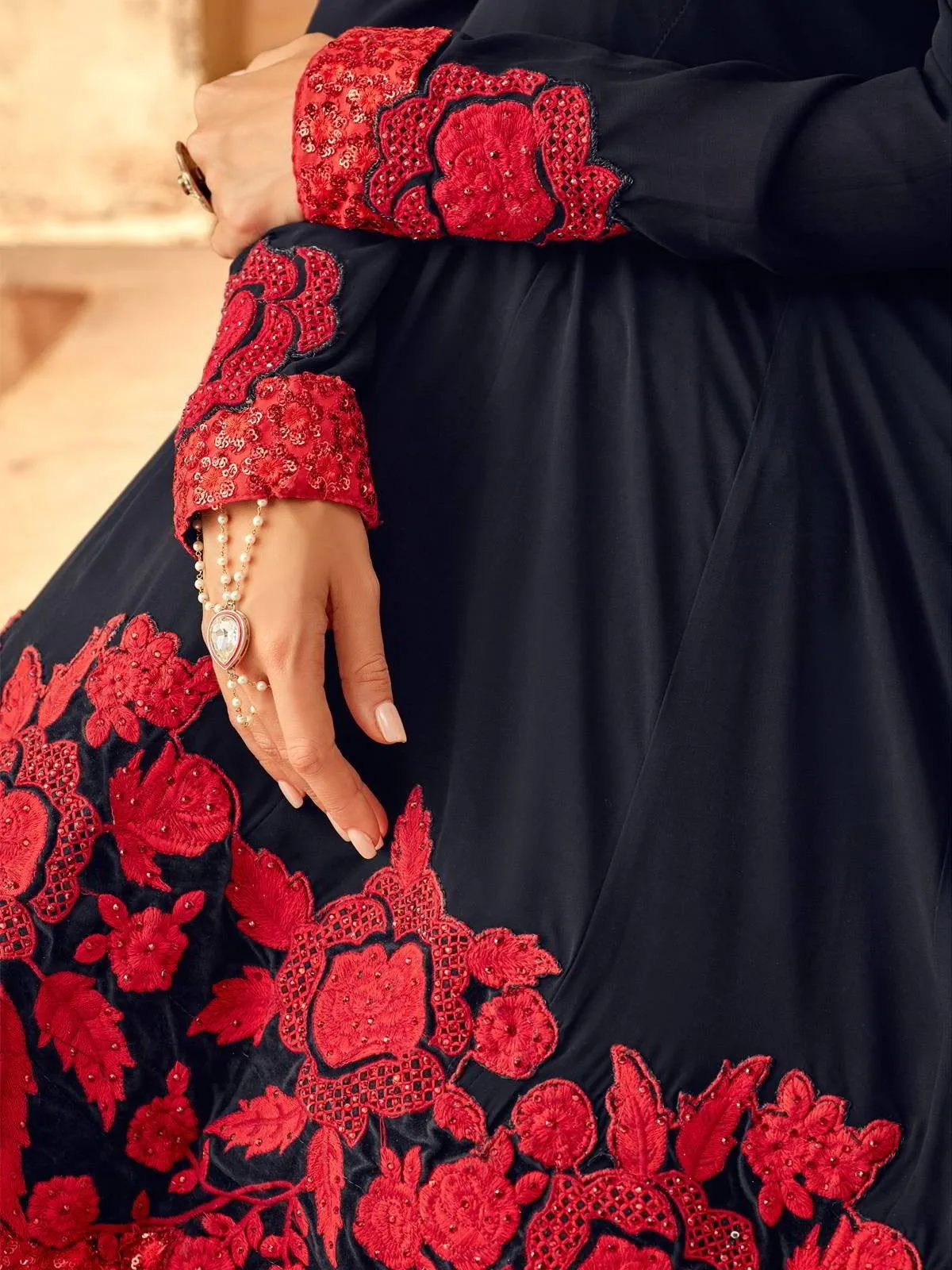 Blue And Red Ethnic Style Flared Anarkali Suit