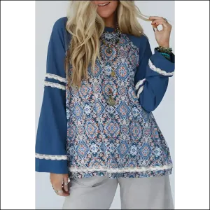 Blue Boho Blouse: Turning Heads  (lace Ricrac Raglan Sleeve)