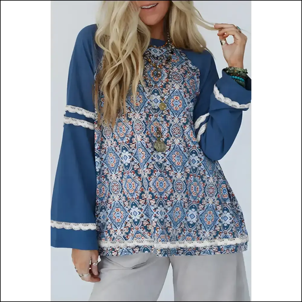 Blue Boho Blouse: Turning Heads  (lace Ricrac Raglan Sleeve)