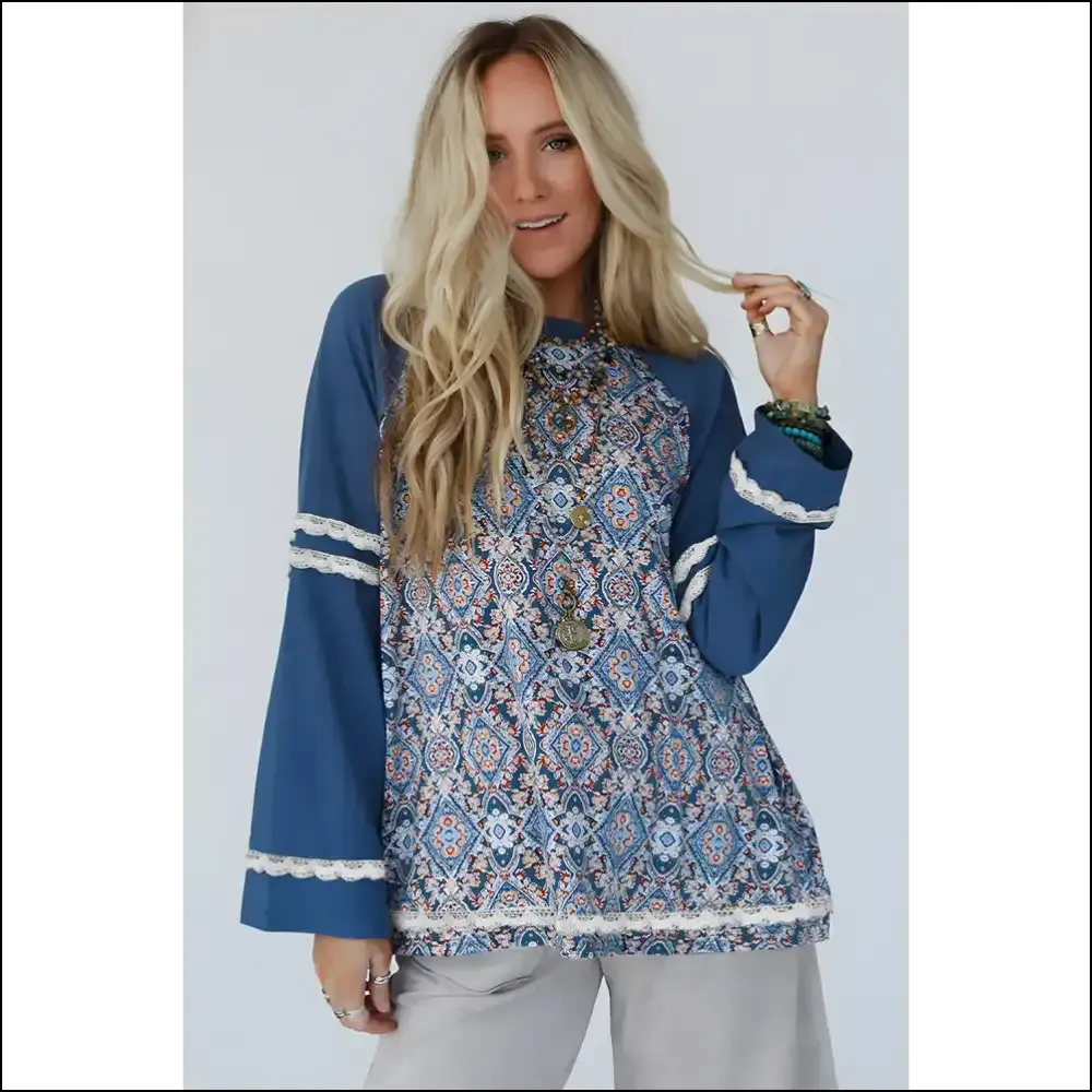 Blue Boho Blouse: Turning Heads  (lace Ricrac Raglan Sleeve)