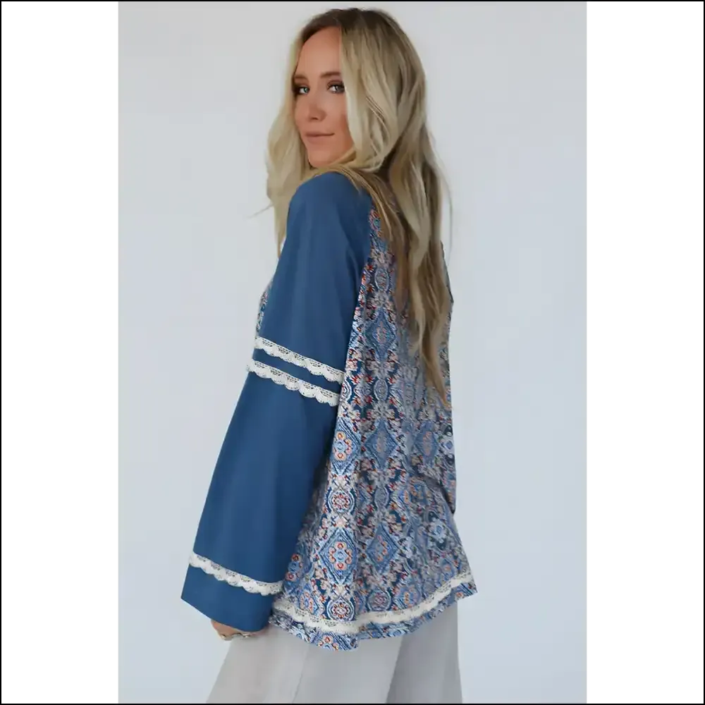Blue Boho Blouse: Turning Heads  (lace Ricrac Raglan Sleeve)
