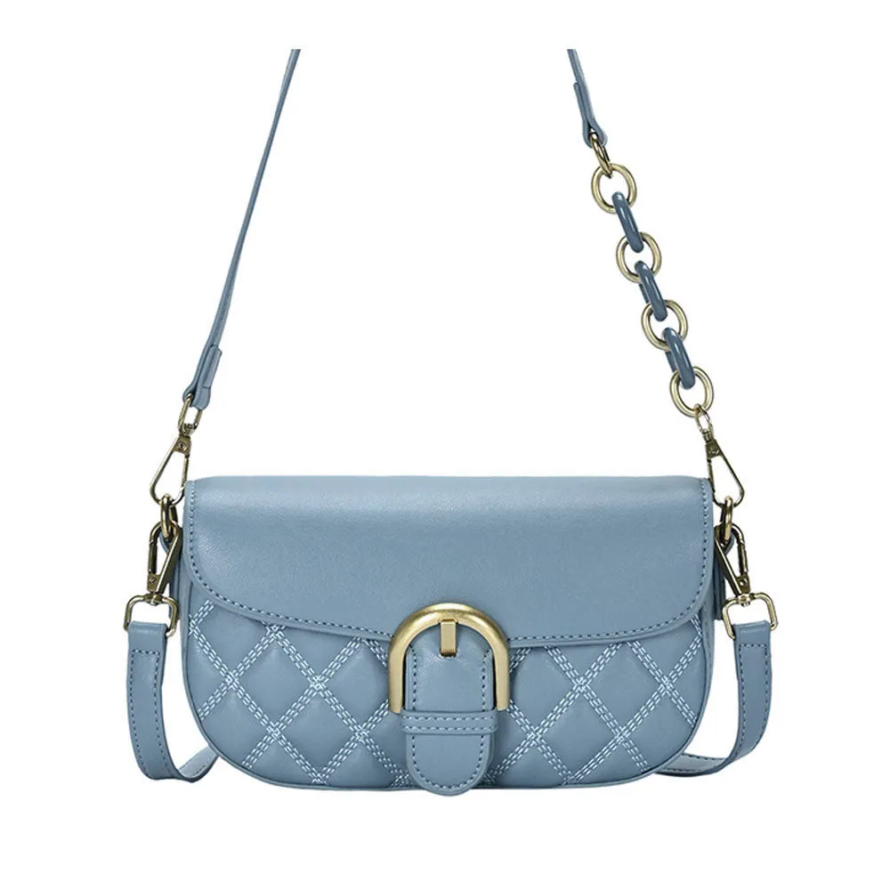 Blue Buckle Flap Quilted Leather Crossbody Bag