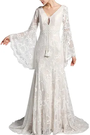 Boho Lace Long Bell Sleeves V Neck Mermaid Sweep Lace Wedding Dress
