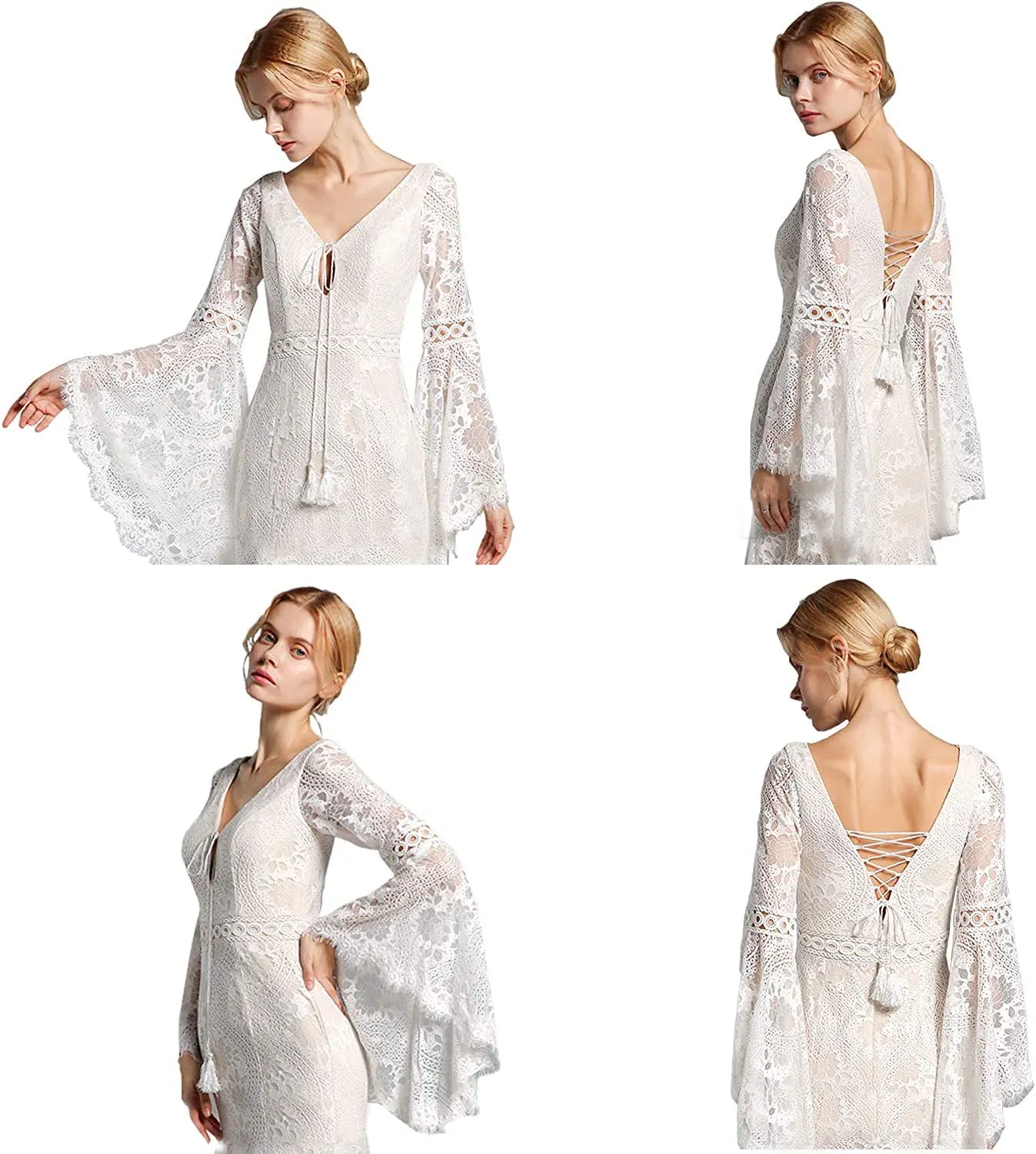 Boho Lace Long Bell Sleeves V Neck Mermaid Sweep Lace Wedding Dress