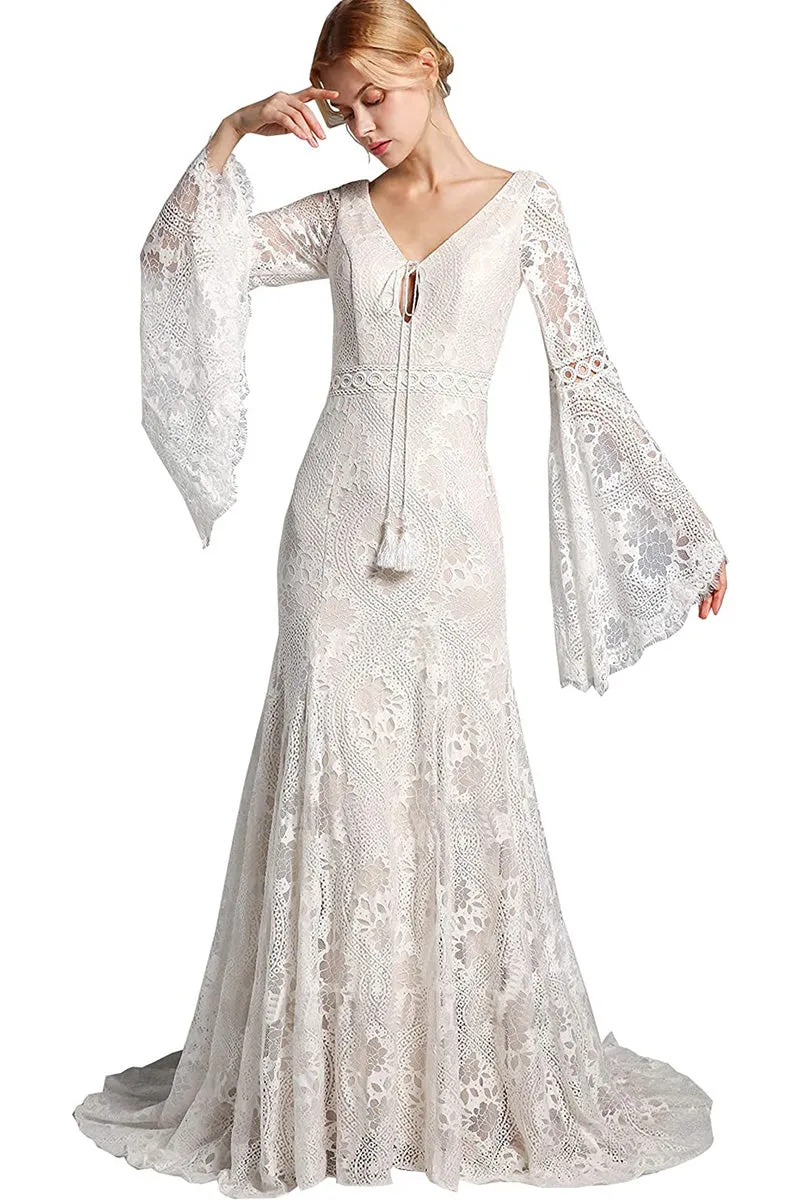 Boho Lace Long Bell Sleeves V Neck Mermaid Sweep Lace Wedding Dress