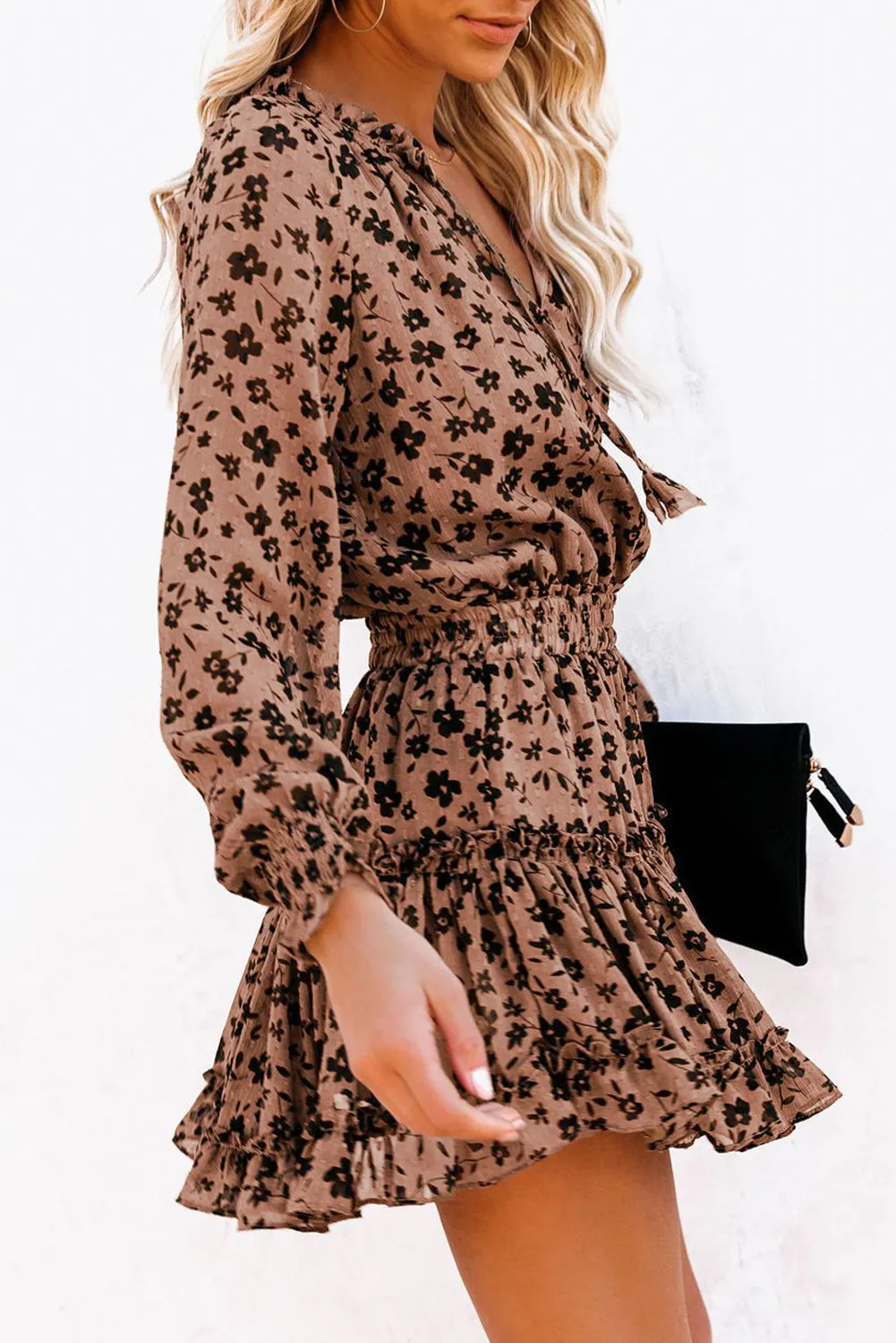 Brown Floral V Neck Long Sleeve Tie Waist Mini Dress