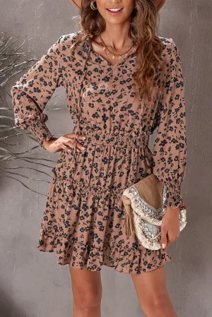 Brown Floral V Neck Long Sleeve Tie Waist Mini Dress