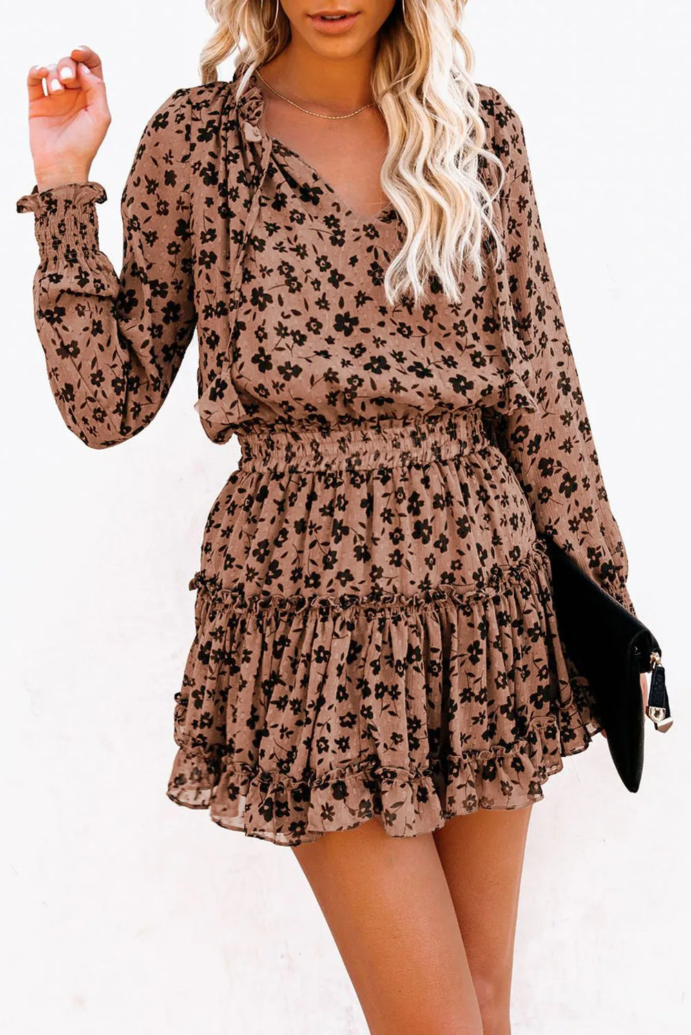 Brown Floral V Neck Long Sleeve Tie Waist Mini Dress
