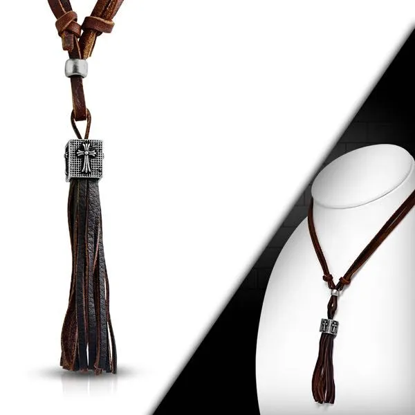 Brown leather Tassel Adjustable Necklace (#c095)
