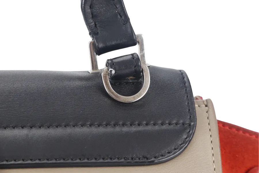 CELINE TRAPEZE BAG IN BEIGE TAUPE TRICOLOR LEATHER WITH BLACK FLAP ON ORANGE TOP SILVER HARDWARE WITH STRAPS AND DUST COVER