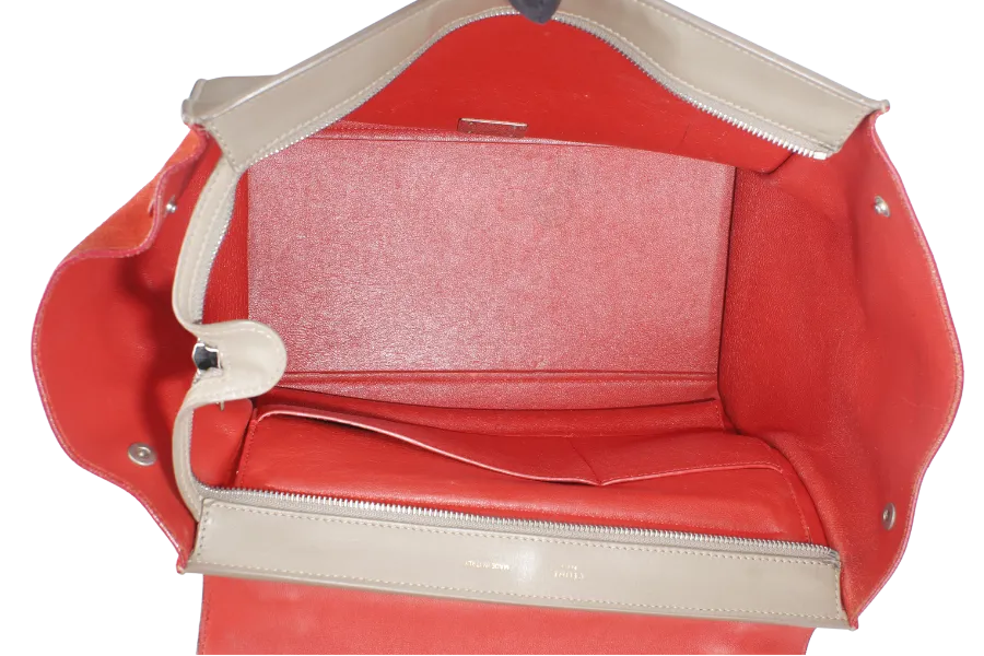 CELINE TRAPEZE BAG IN BEIGE TAUPE TRICOLOR LEATHER WITH BLACK FLAP ON ORANGE TOP SILVER HARDWARE WITH STRAPS AND DUST COVER