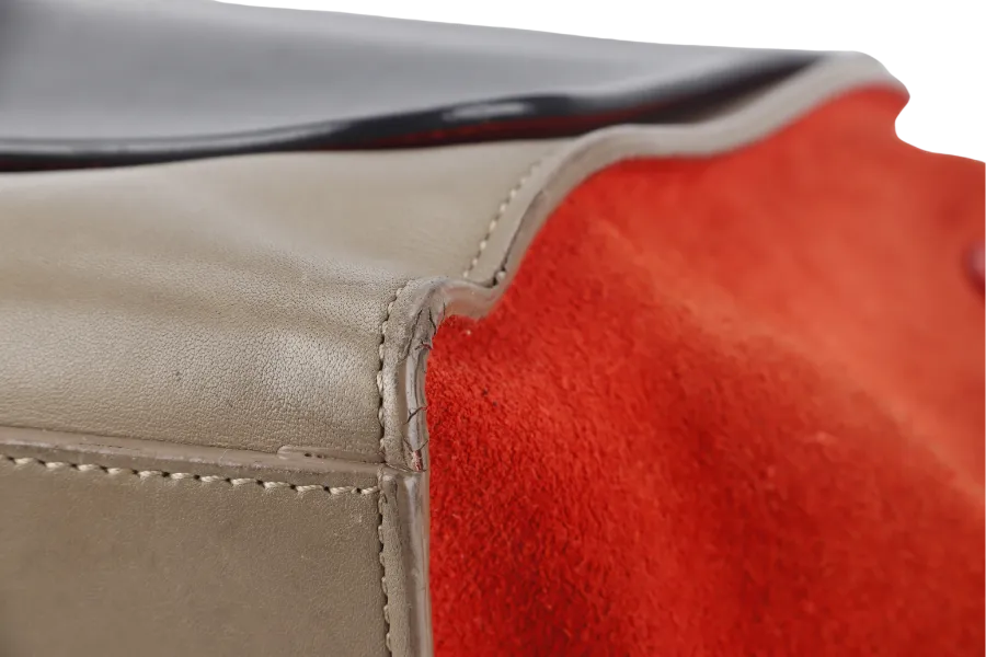 CELINE TRAPEZE BAG IN BEIGE TAUPE TRICOLOR LEATHER WITH BLACK FLAP ON ORANGE TOP SILVER HARDWARE WITH STRAPS AND DUST COVER