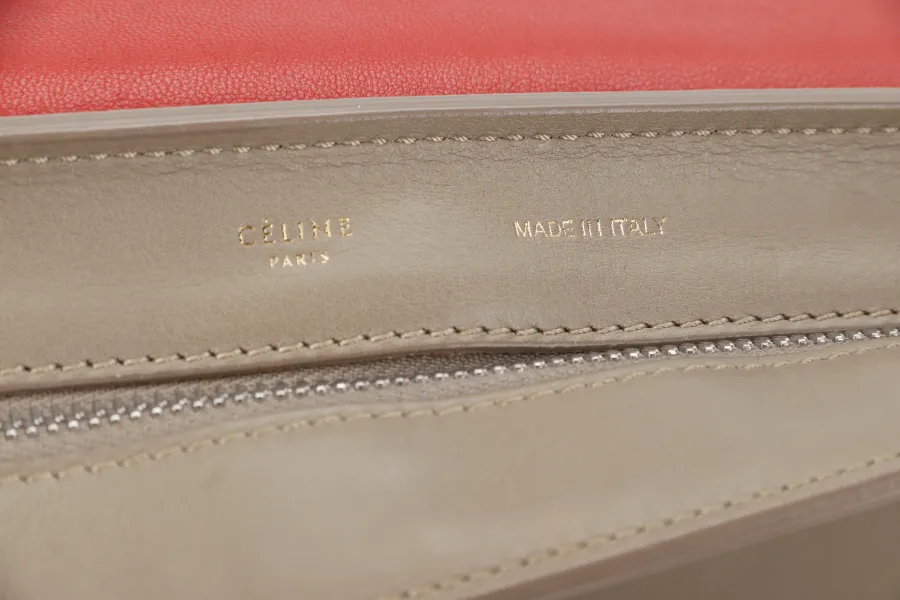 CELINE TRAPEZE BAG IN BEIGE TAUPE TRICOLOR LEATHER WITH BLACK FLAP ON ORANGE TOP SILVER HARDWARE WITH STRAPS AND DUST COVER