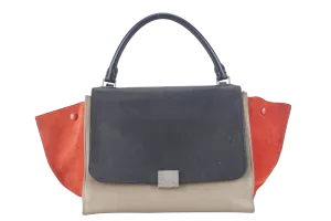 CELINE TRAPEZE BAG IN BEIGE TAUPE TRICOLOR LEATHER WITH BLACK FLAP ON ORANGE TOP SILVER HARDWARE WITH STRAPS AND DUST COVER
