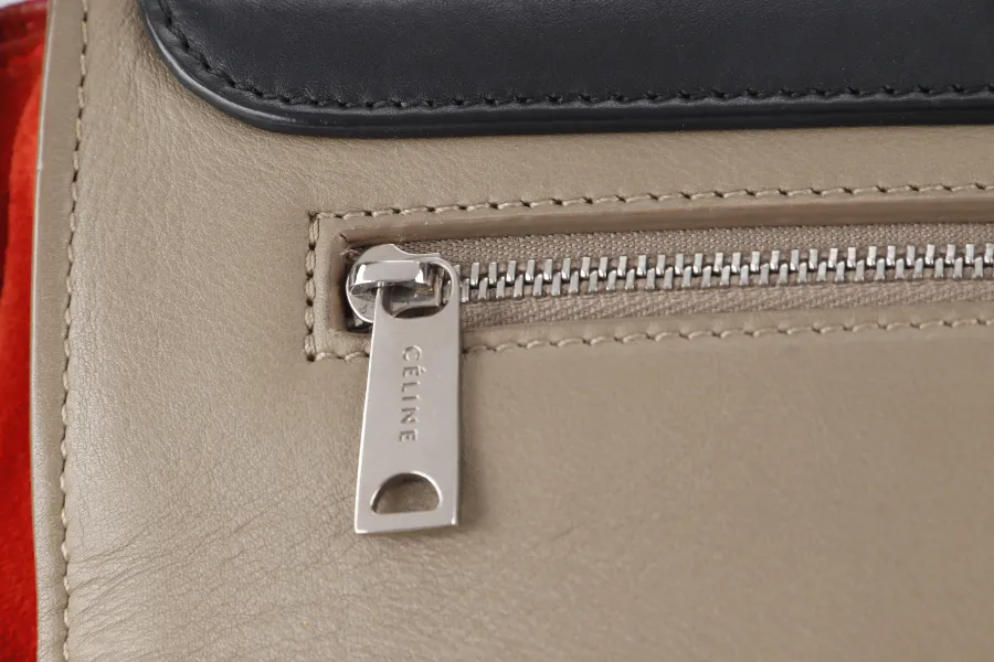 CELINE TRAPEZE BAG IN BEIGE TAUPE TRICOLOR LEATHER WITH BLACK FLAP ON ORANGE TOP SILVER HARDWARE WITH STRAPS AND DUST COVER