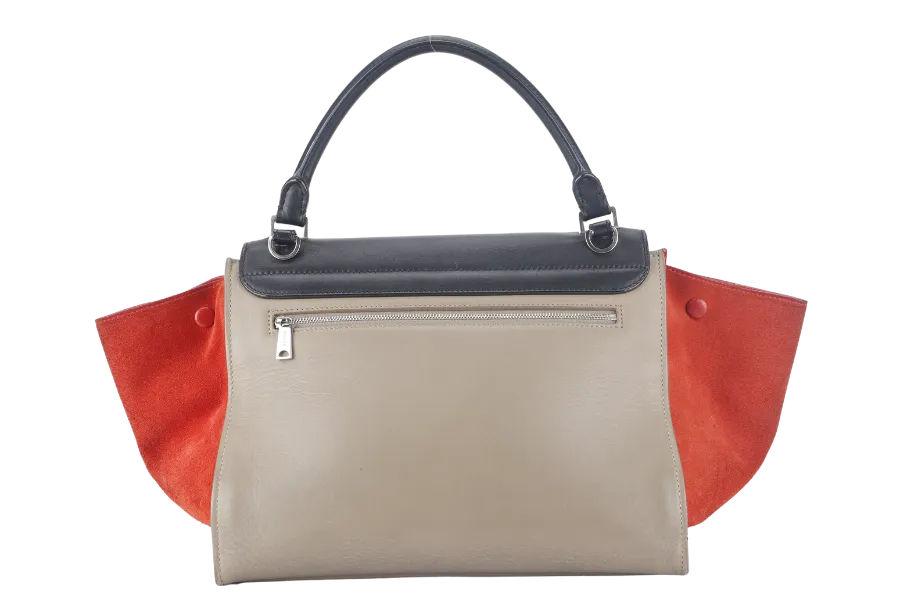 CELINE TRAPEZE BAG IN BEIGE TAUPE TRICOLOR LEATHER WITH BLACK FLAP ON ORANGE TOP SILVER HARDWARE WITH STRAPS AND DUST COVER