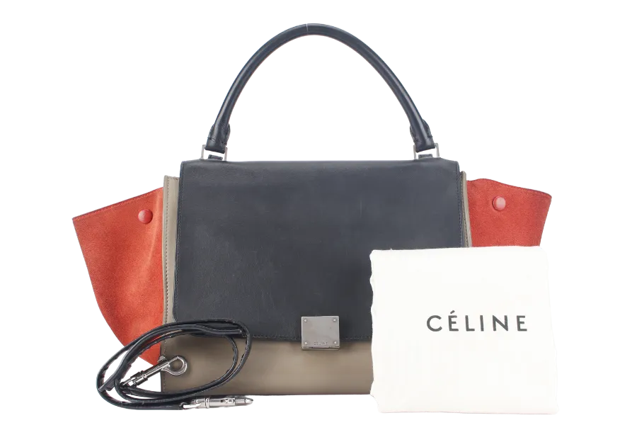 CELINE TRAPEZE BAG IN BEIGE TAUPE TRICOLOR LEATHER WITH BLACK FLAP ON ORANGE TOP SILVER HARDWARE WITH STRAPS AND DUST COVER